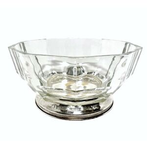 Vintage Italian Fine Crystal & Silverplate Bowl 9" Faceted Clear Glass Italy